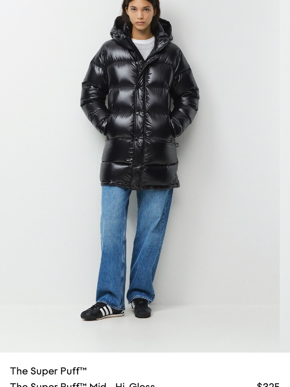 Aritzia Black High-Gloss Mid-Length Hooded Puffer